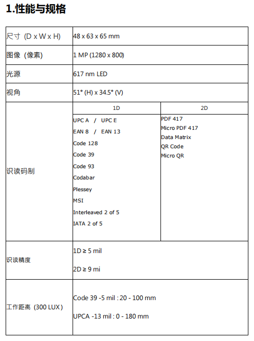 MX-52二維掃描模塊性能參數(shù)